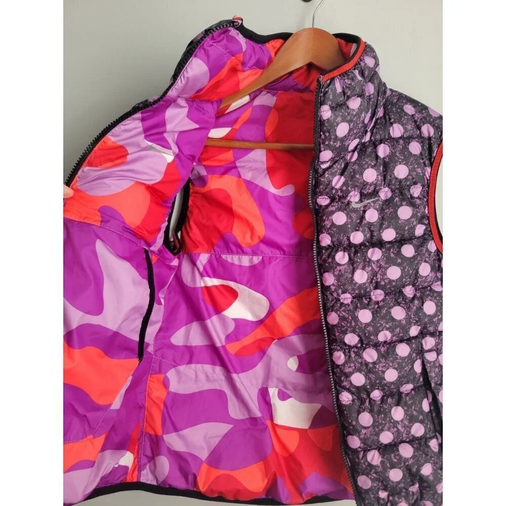Nike Girls Size L Reversible Purple Polka Dot & Camo Zip Puffer Vest